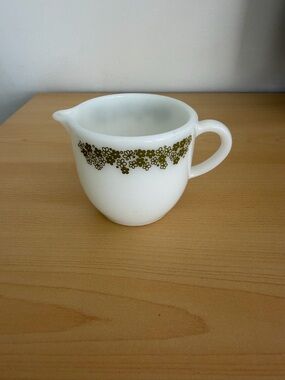 Pyrex White Milk Glass Creamer with Olive Green Floral Band